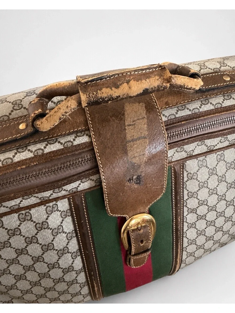 Vintage GUCCI GG Plus Monogram Leather Oversized Web Weekender Bag Suitcase Home